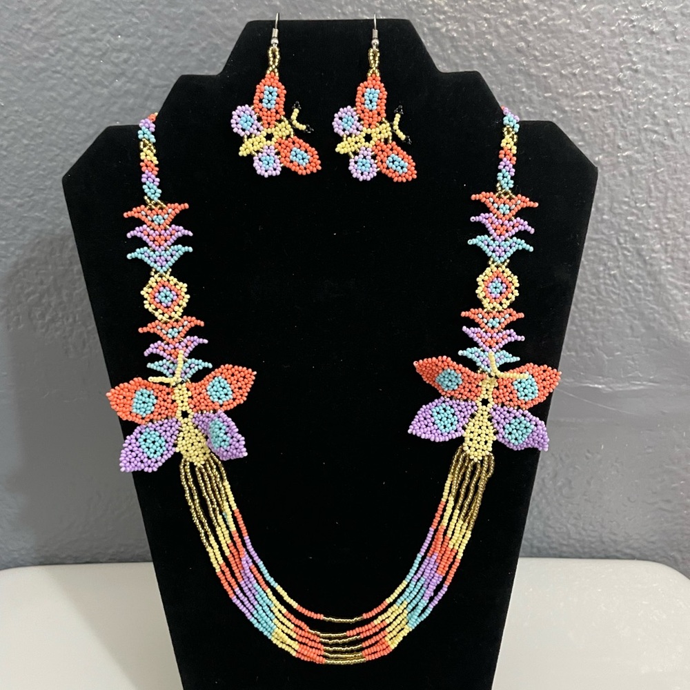Huichol Beaded Butterfly Necklace and Earrings